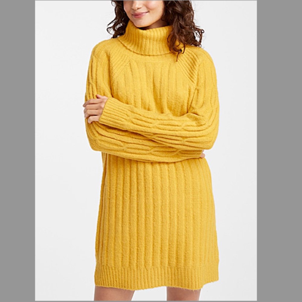 La Classe Couture yellow ribbed cable knit turtleneck sweater dress EUC
